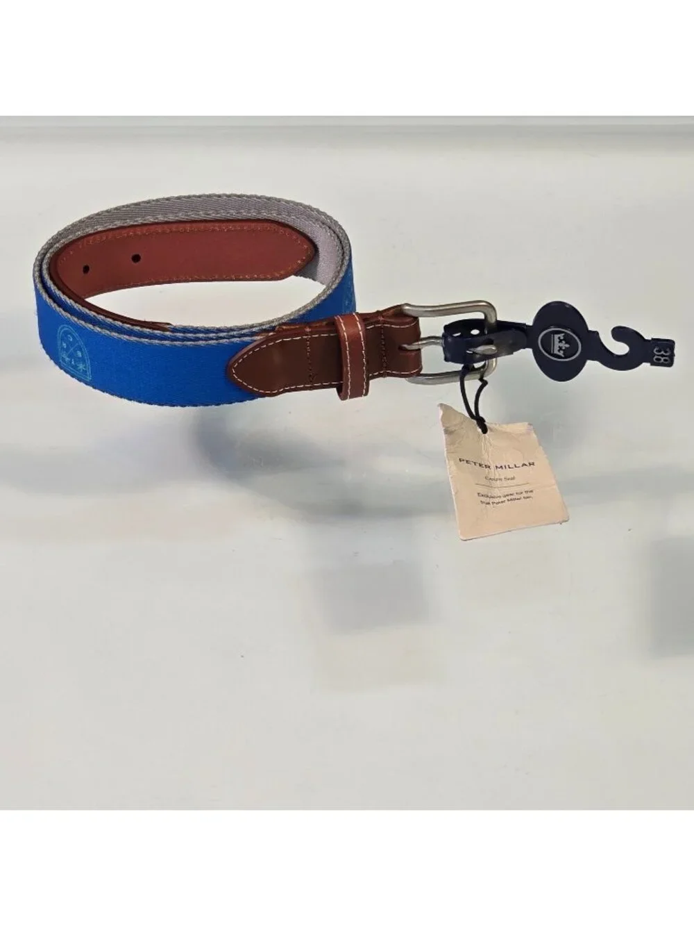 Peter Millar Canvas Leather Belt Sz 38 Embroidered The Boca Raton Club Logo NOS